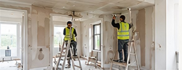 Plastering operatives in hi-vis working on ladders in a building under refurbishment
