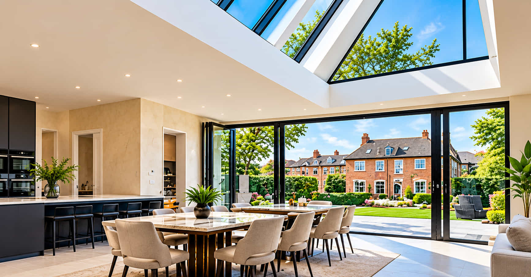Kitchen extension with a roof lantern, smooth plastered walls and bi-fold doors onto a garden